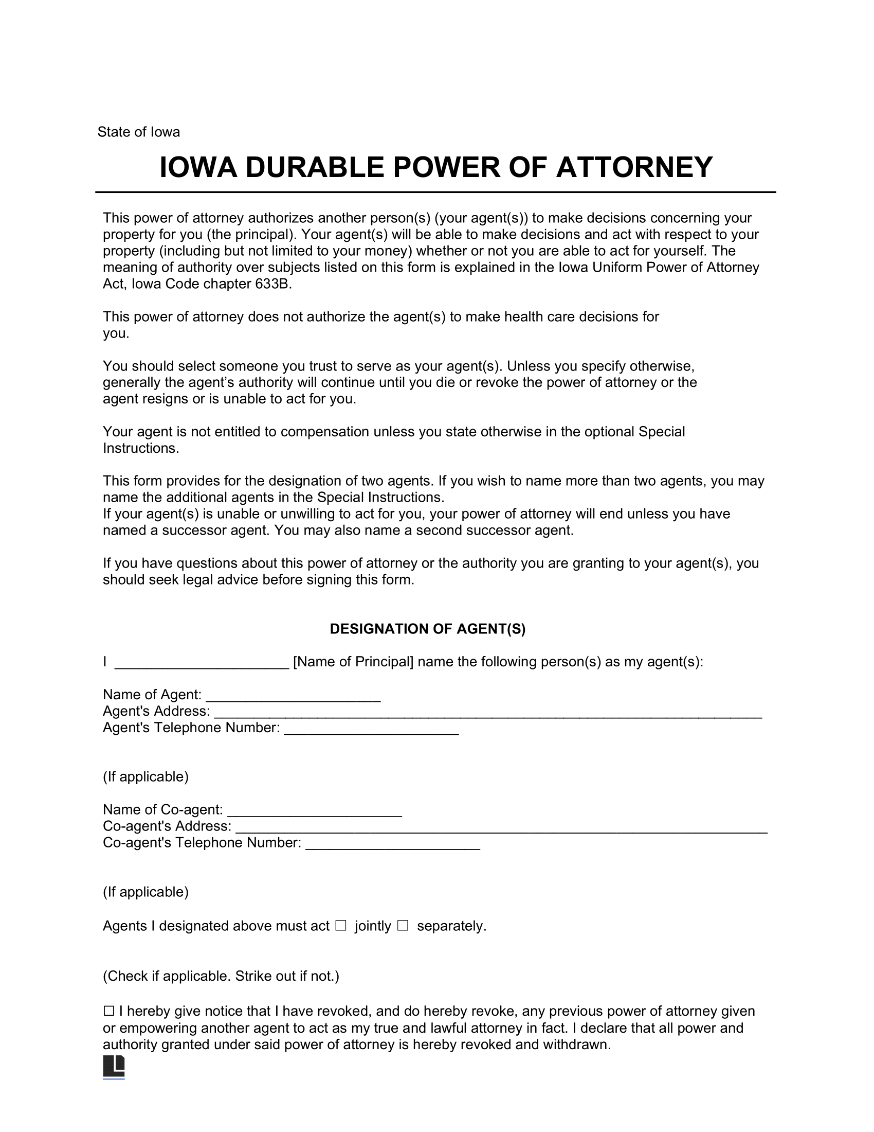 Iowa Durable Statutory Power of Attorney Template