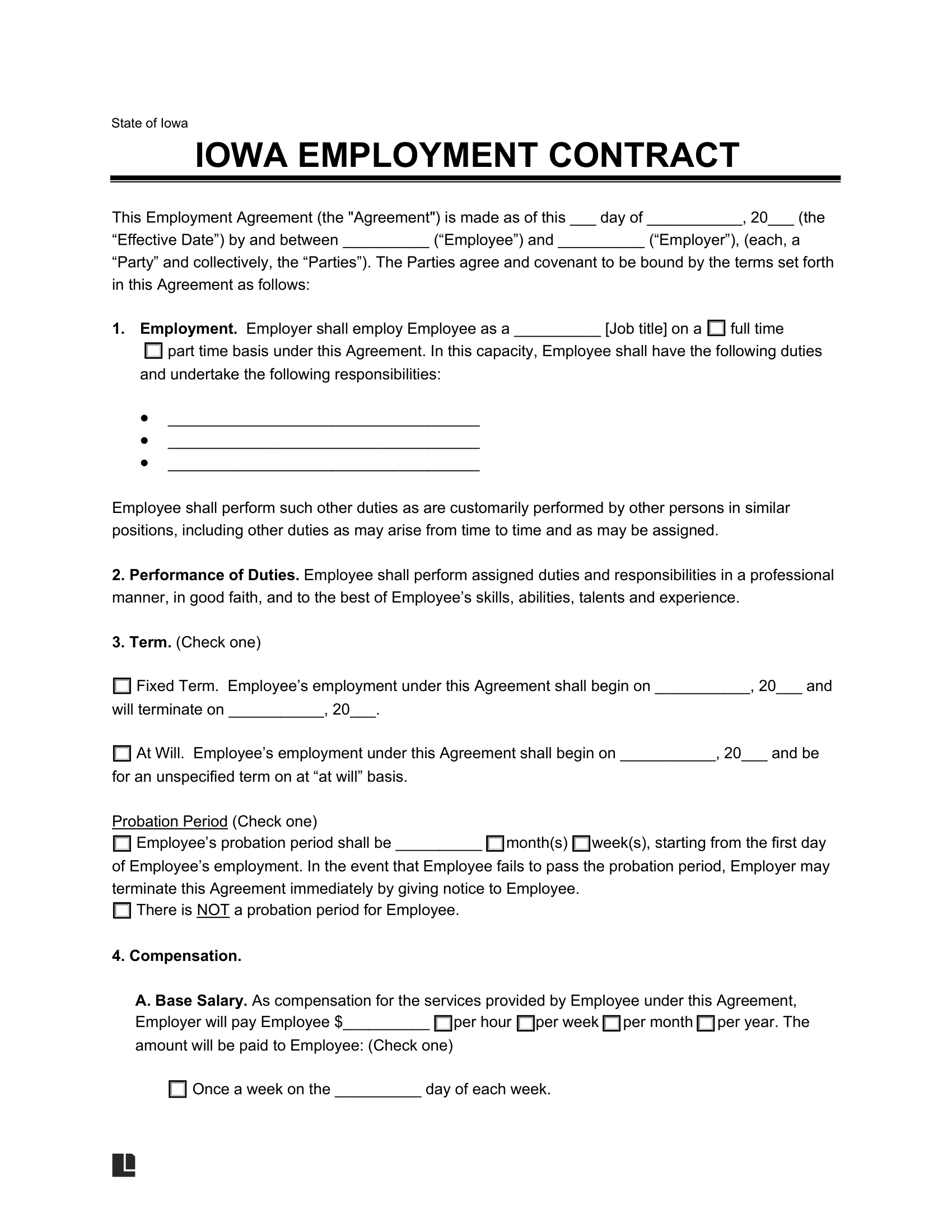 Iowa Employment Contract Template