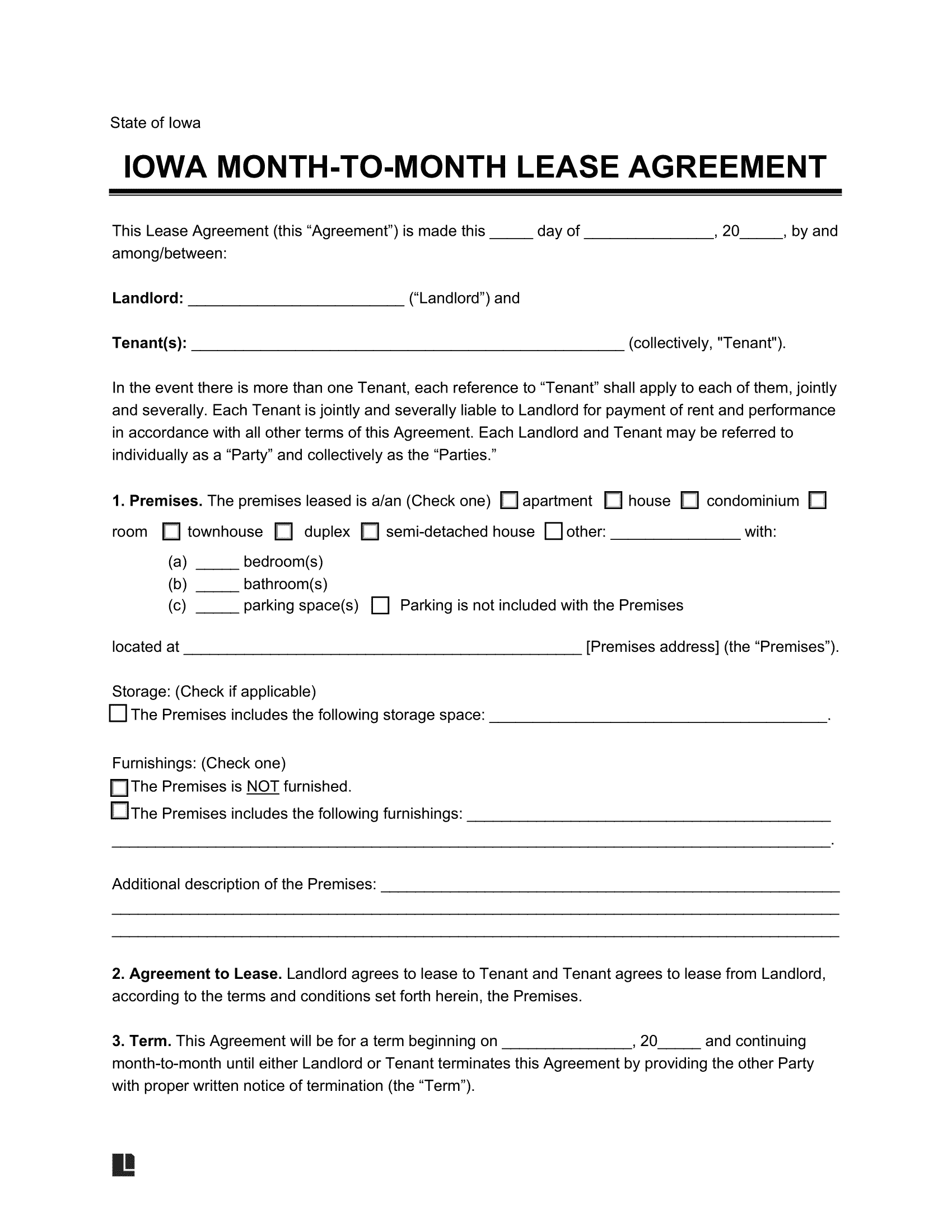 Iowa Month-to-Month Rental Agreement