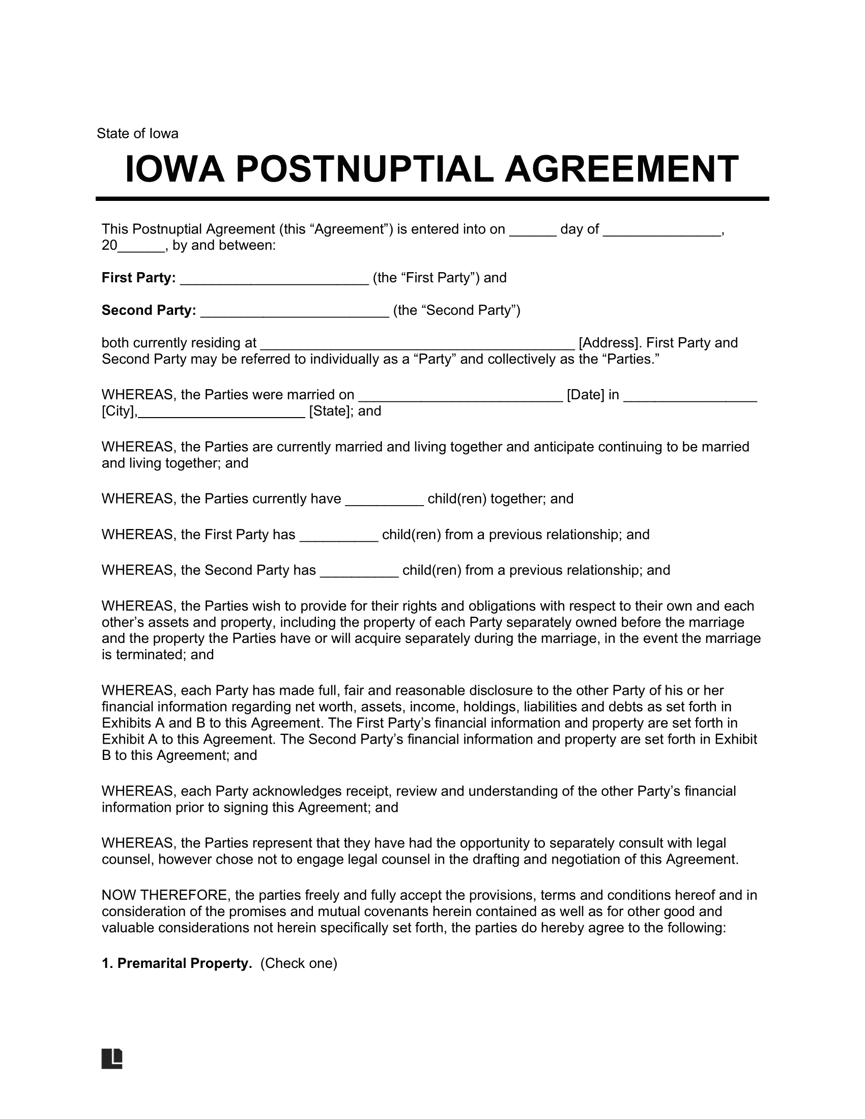 Iowa Postnuptial Agreement Template