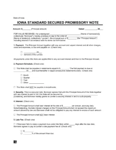 Iowa Standard Secured Promissory Note Template