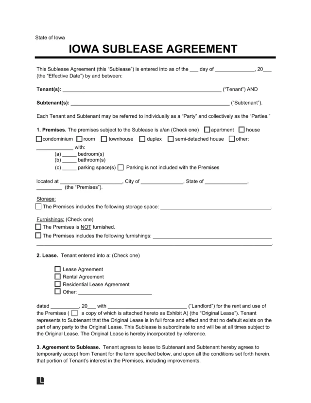 Iowa Sublease Agreement Template