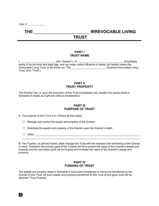 Irrevocable Living Trust Template