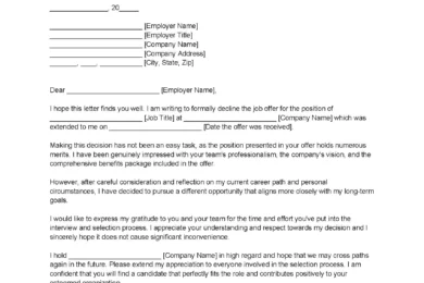 Job Offer Declination Letter Template