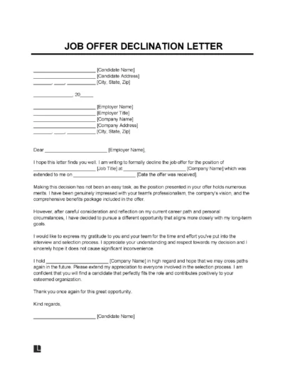 Job Offer Declination Letter Template