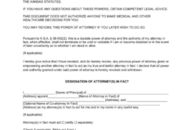 Kansas Durable Power of Attorney Template