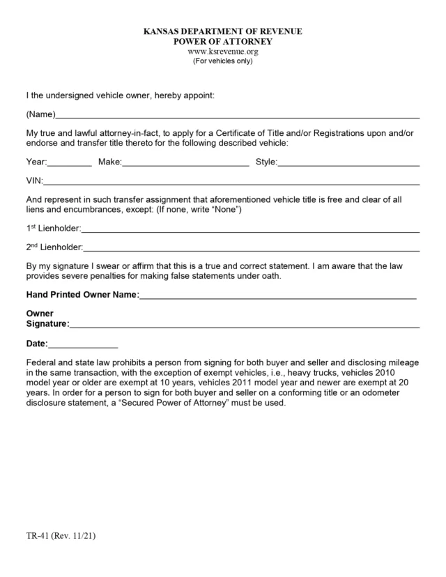 Kansas Motor Vehicle Power of Attorney Form (TR-41)
