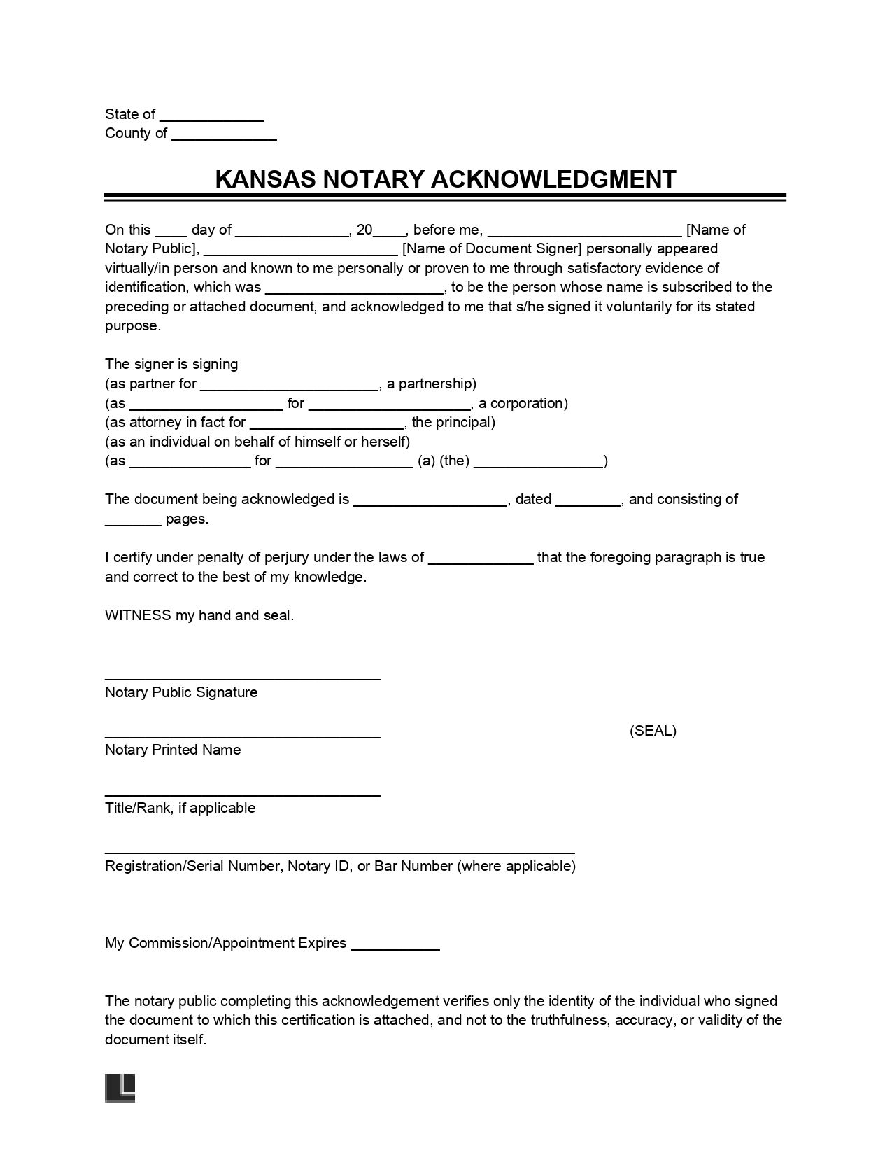 Kansas Notary Acknowledgement Form