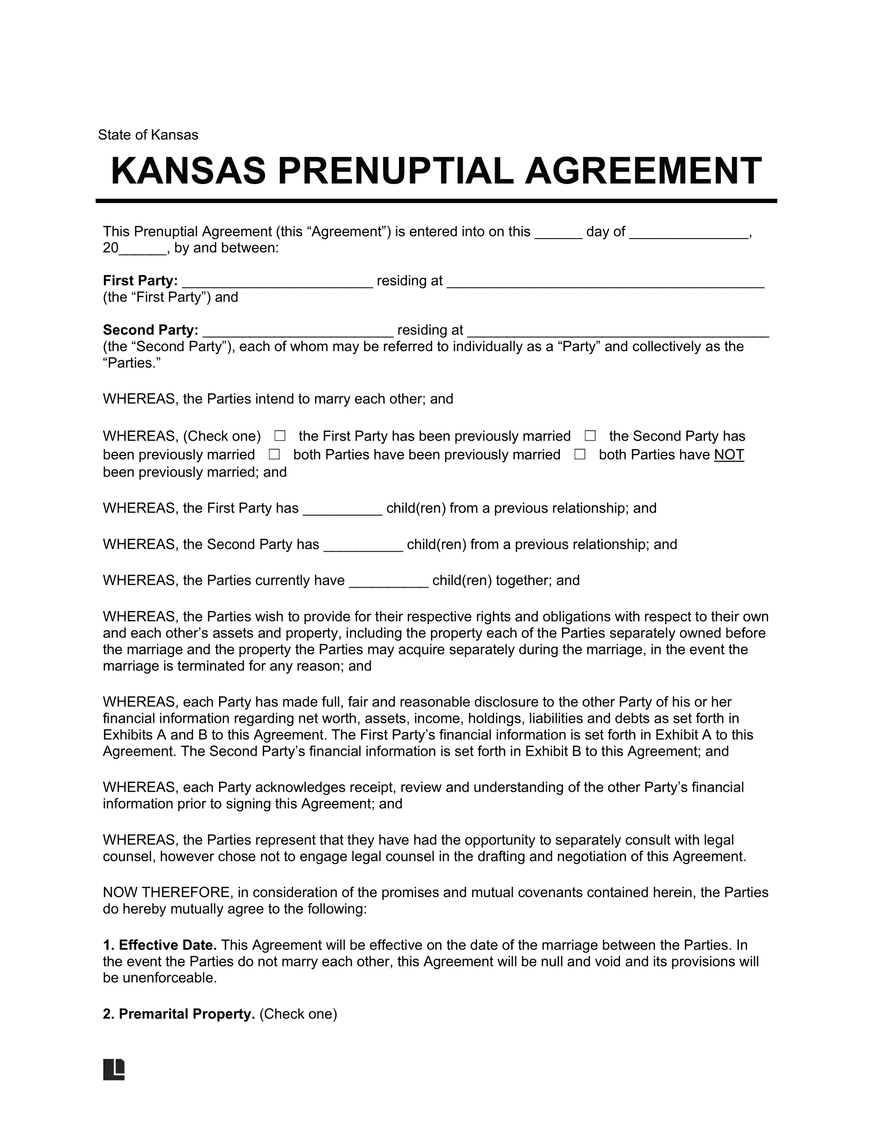 Kansas Prenuptial Agreement Template