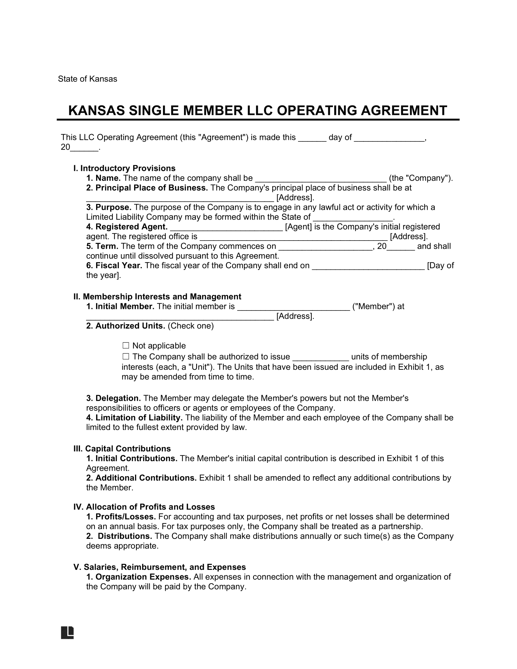 Kansas Single Member LLC Operating Agreement Form