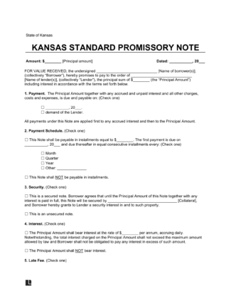 Kansas Standard Promissory Note Template