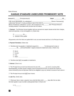 Kansas Standard Unsecured Promissory Note Template