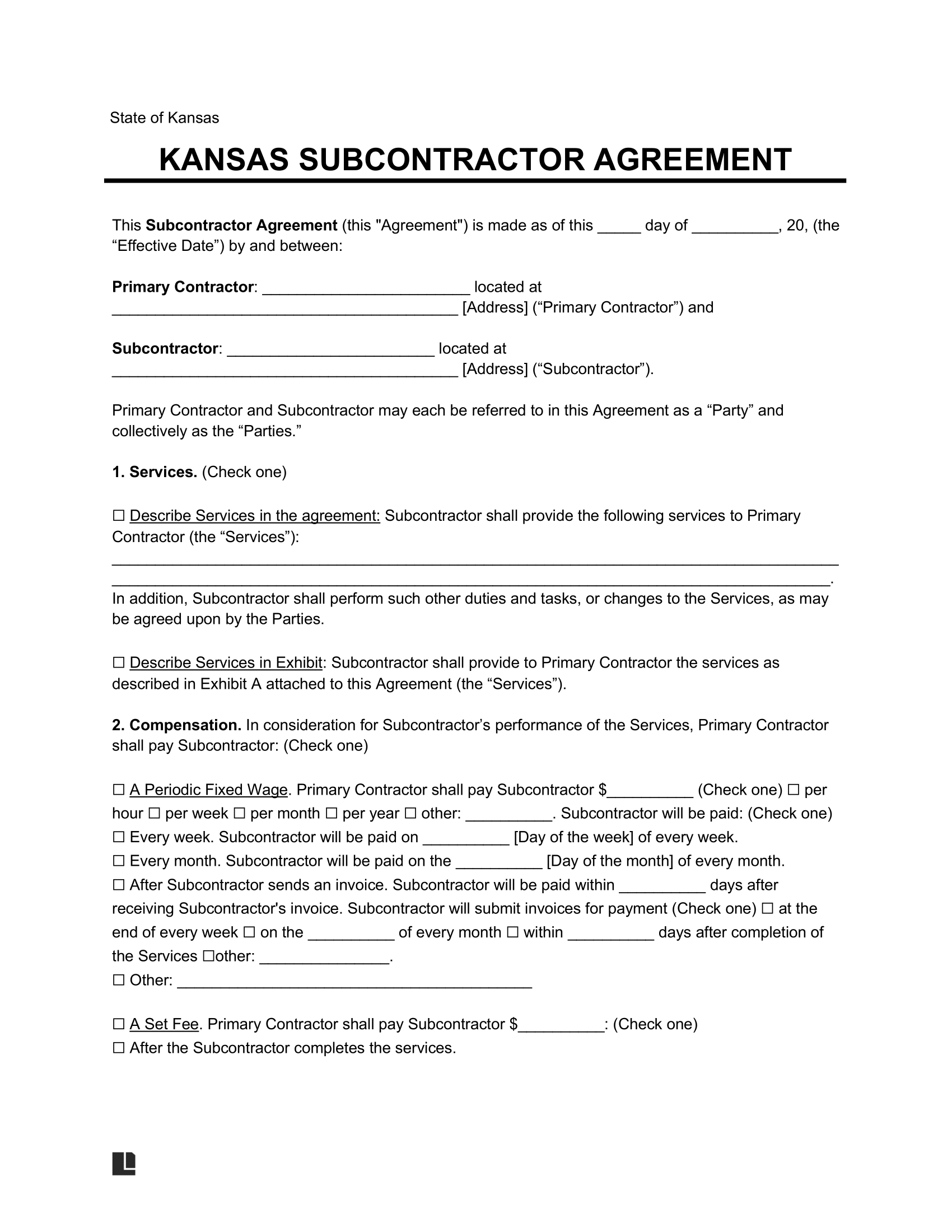 Kansas Subcontractor Agreement Sample