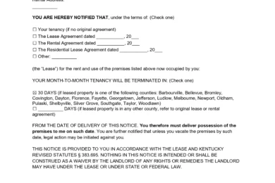 Kentucky 30 Day Notice to Quit Lease Termination
