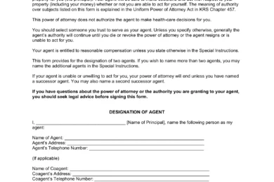 Kentucky Durable Statutory Power of Attorney Template