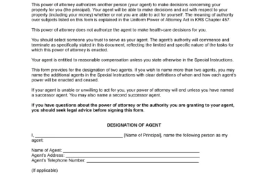 Kentucky Limited Power of Attorney Form