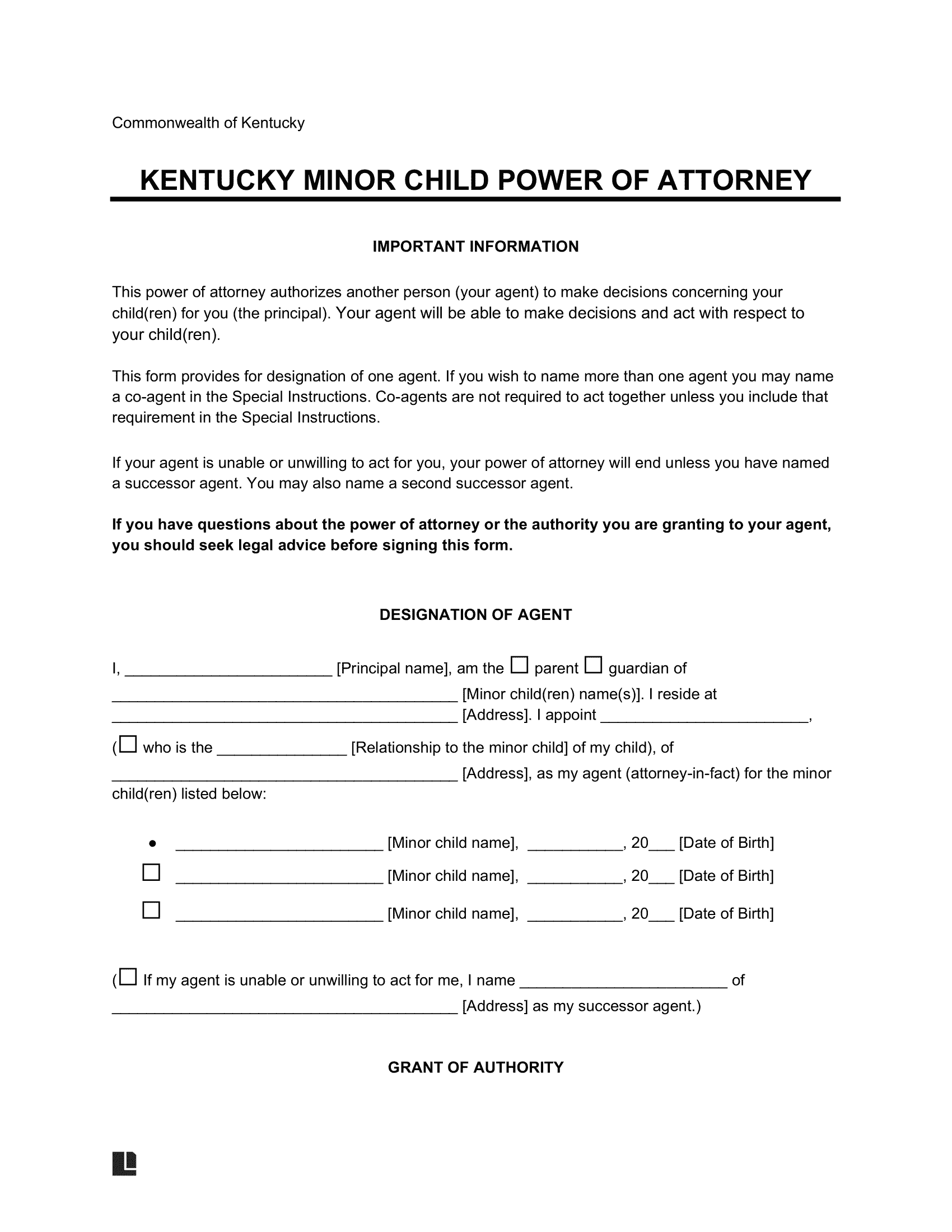 Kentucky Minor Child Power of Attorney Form
