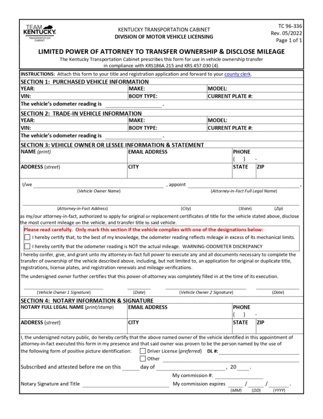 Kentucky Motor Vehicle Power of Attorney Form (TC96-336)