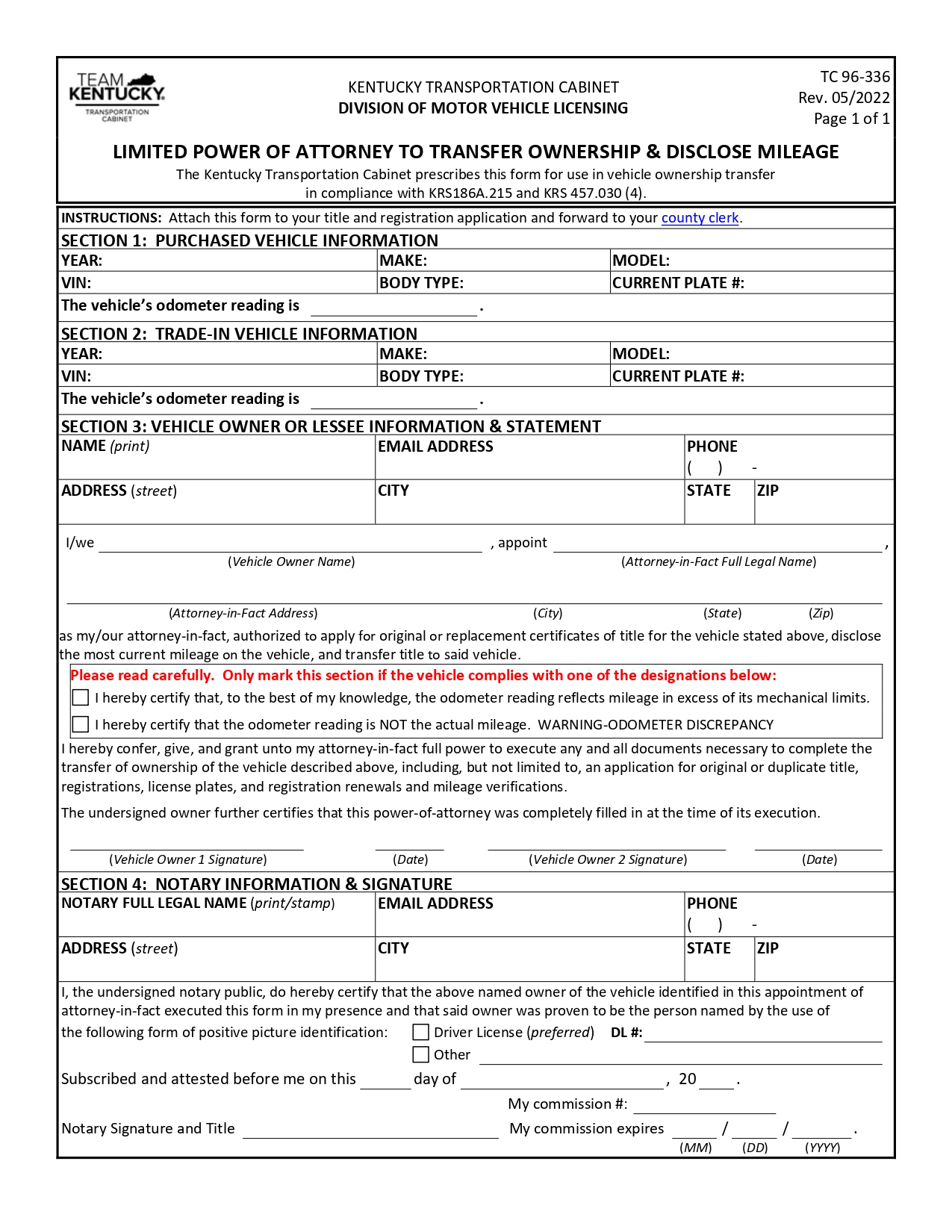 Kentucky Motor Vehicle Power of Attorney Form (TC96-336)