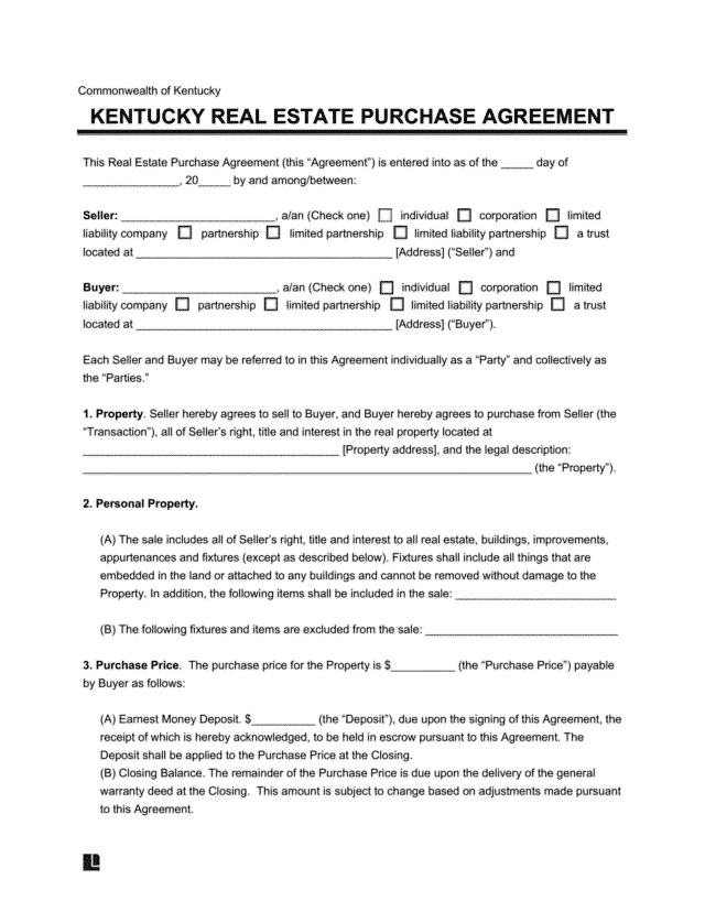 Kentucky Real Estate Purchase Agreement Form