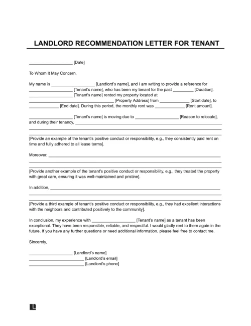 Landlord Recommendation Letter for Tenant