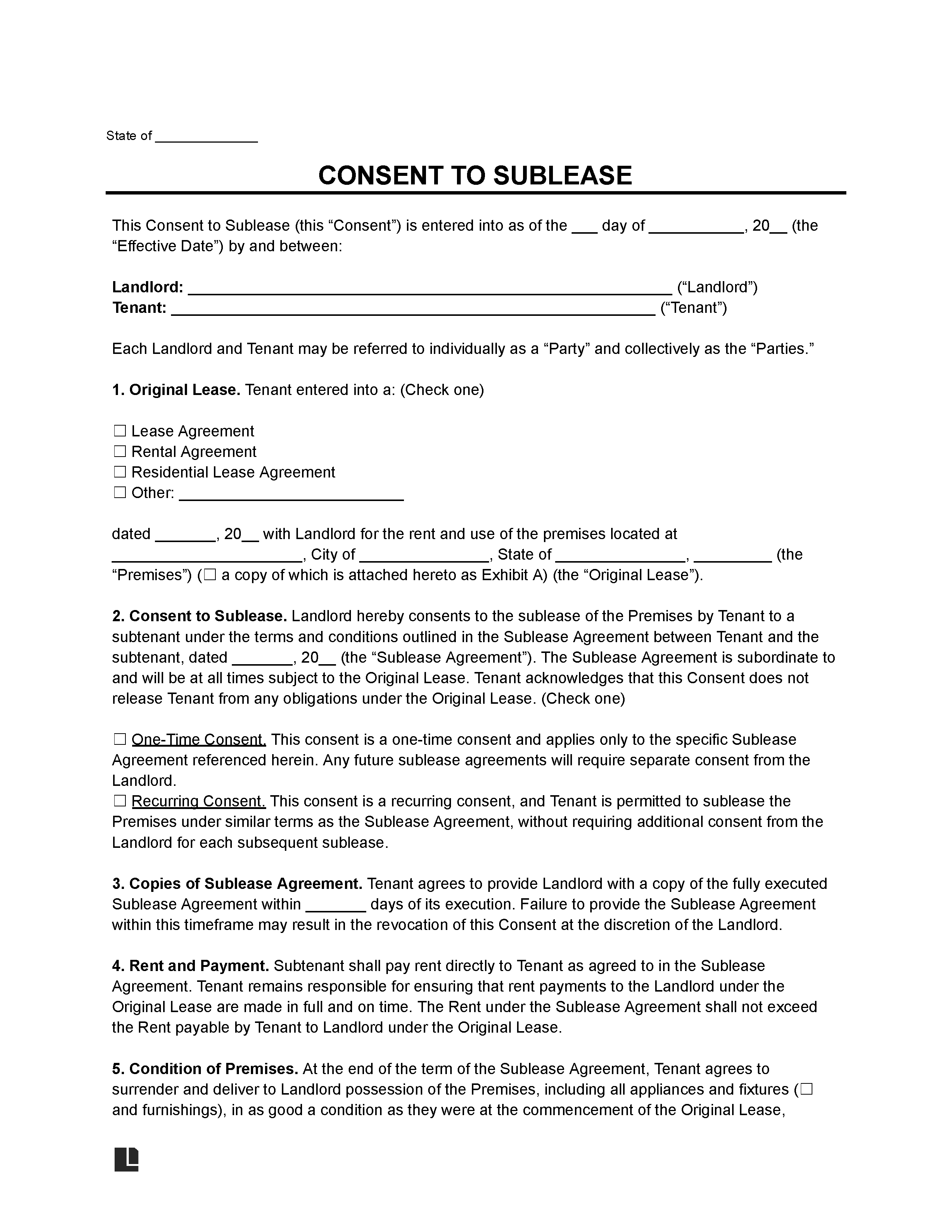 Landlord's Consent to Sublease Form