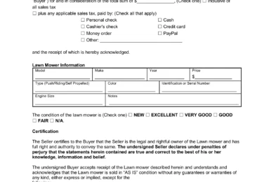 lawnmower bill of sale form