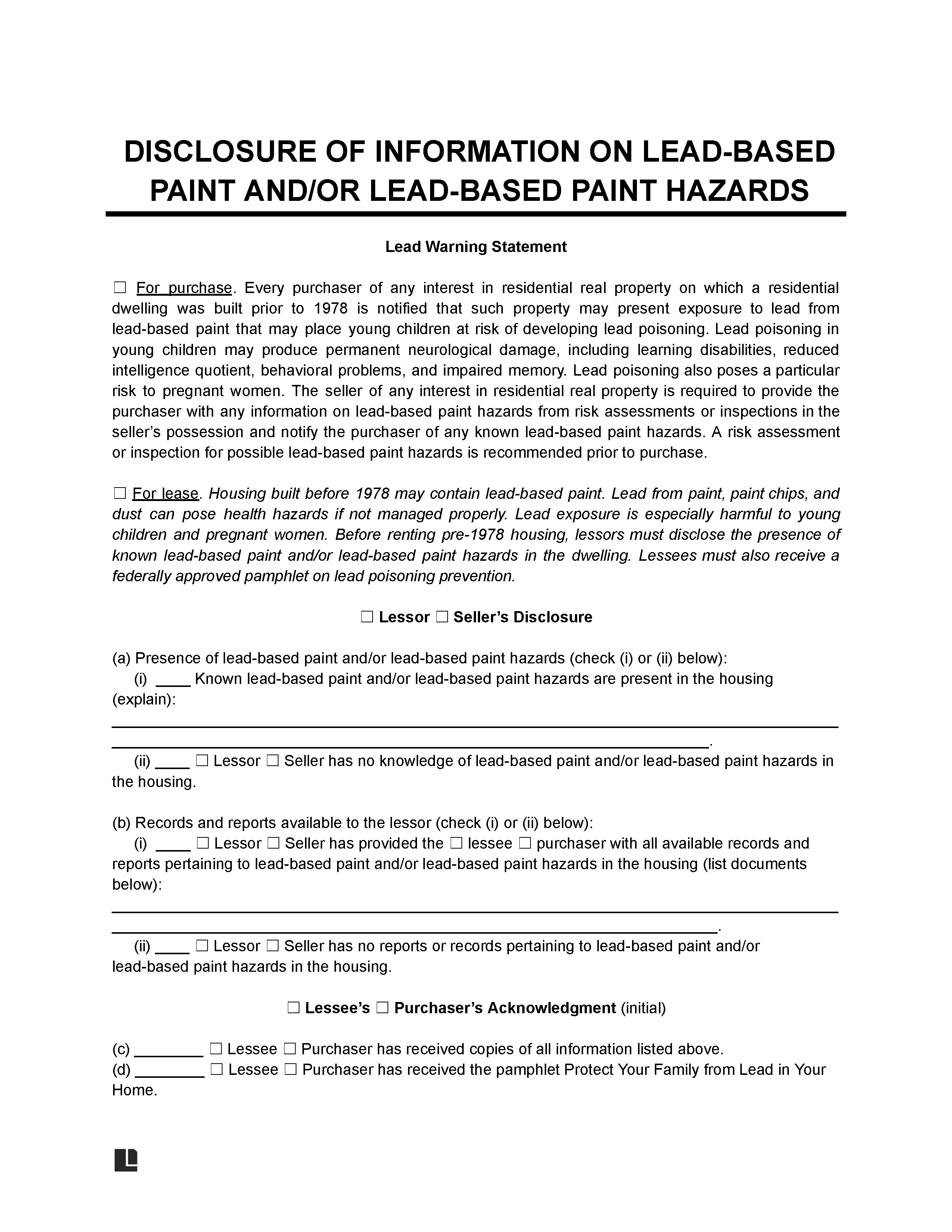 Lead Based Paint Disclosure Form