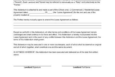 Sample of a Lease Agreement Addendum Template used to adjust lease terms