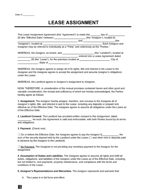 Sample of a Lease Assignment Template