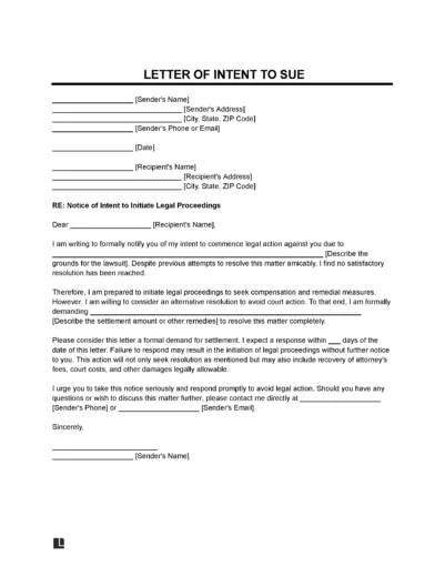 Letter of Intent to Sue (With Settlement Demand) template