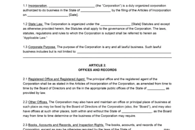 Louisiana Corporate Bylaws Template