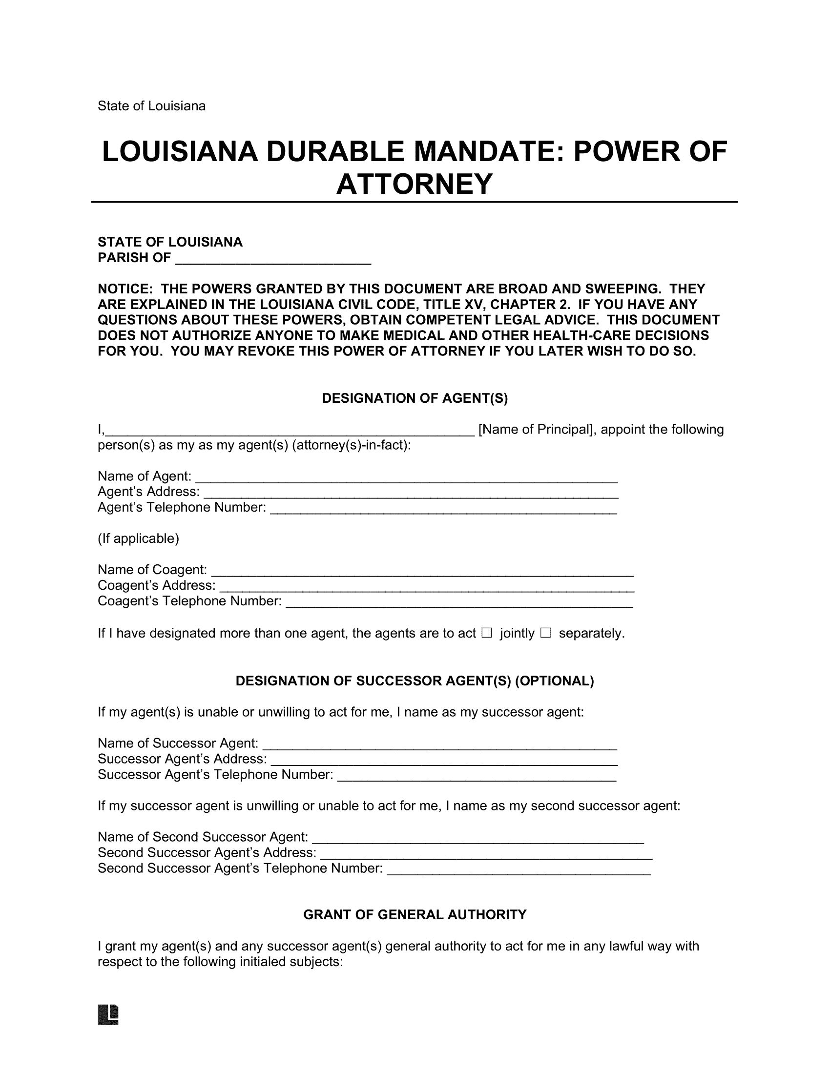 Louisiana Durable Power of Attorney Template