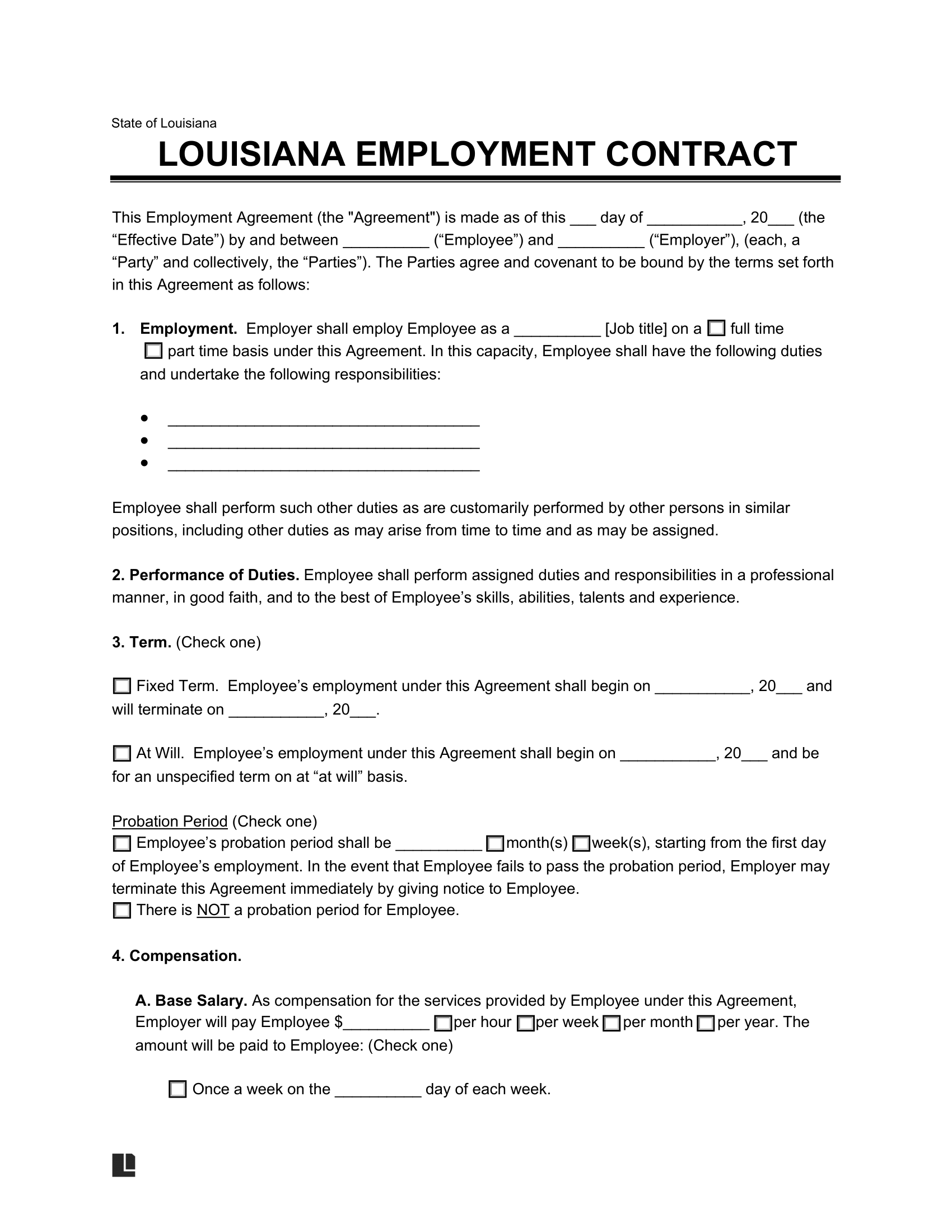 Louisiana Employment Contract Template