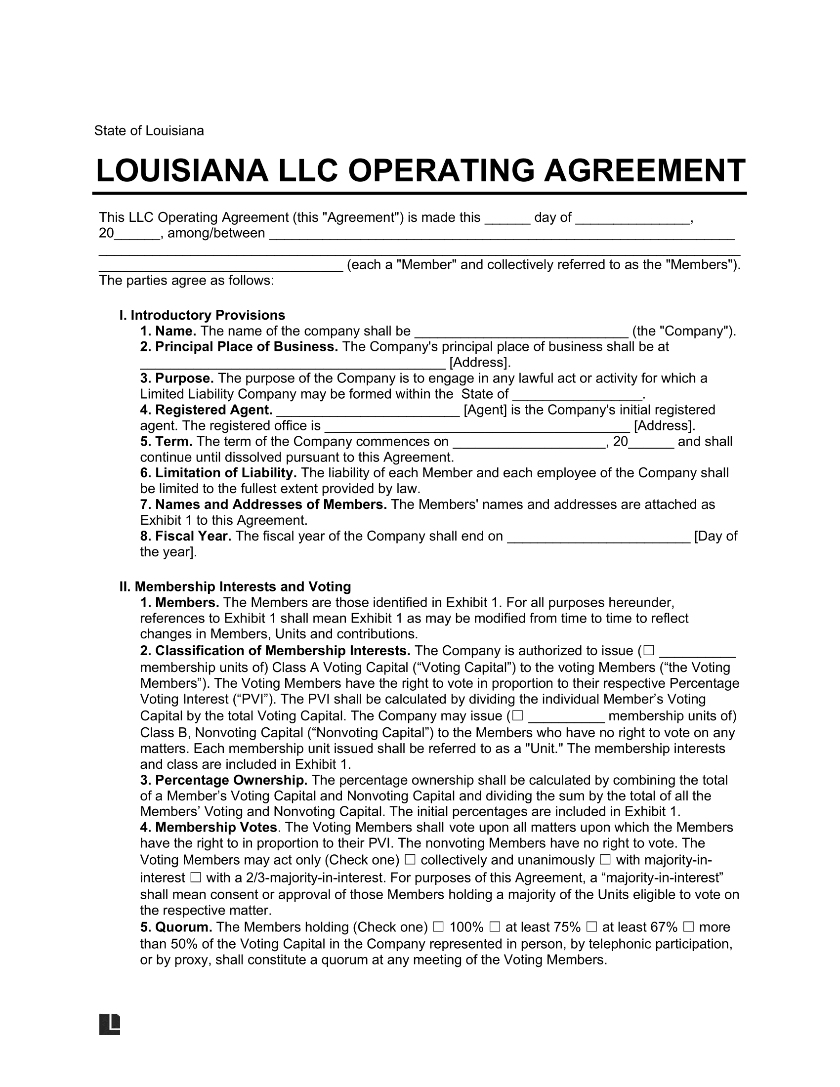 Louisiana LLC Operating Agreement Template