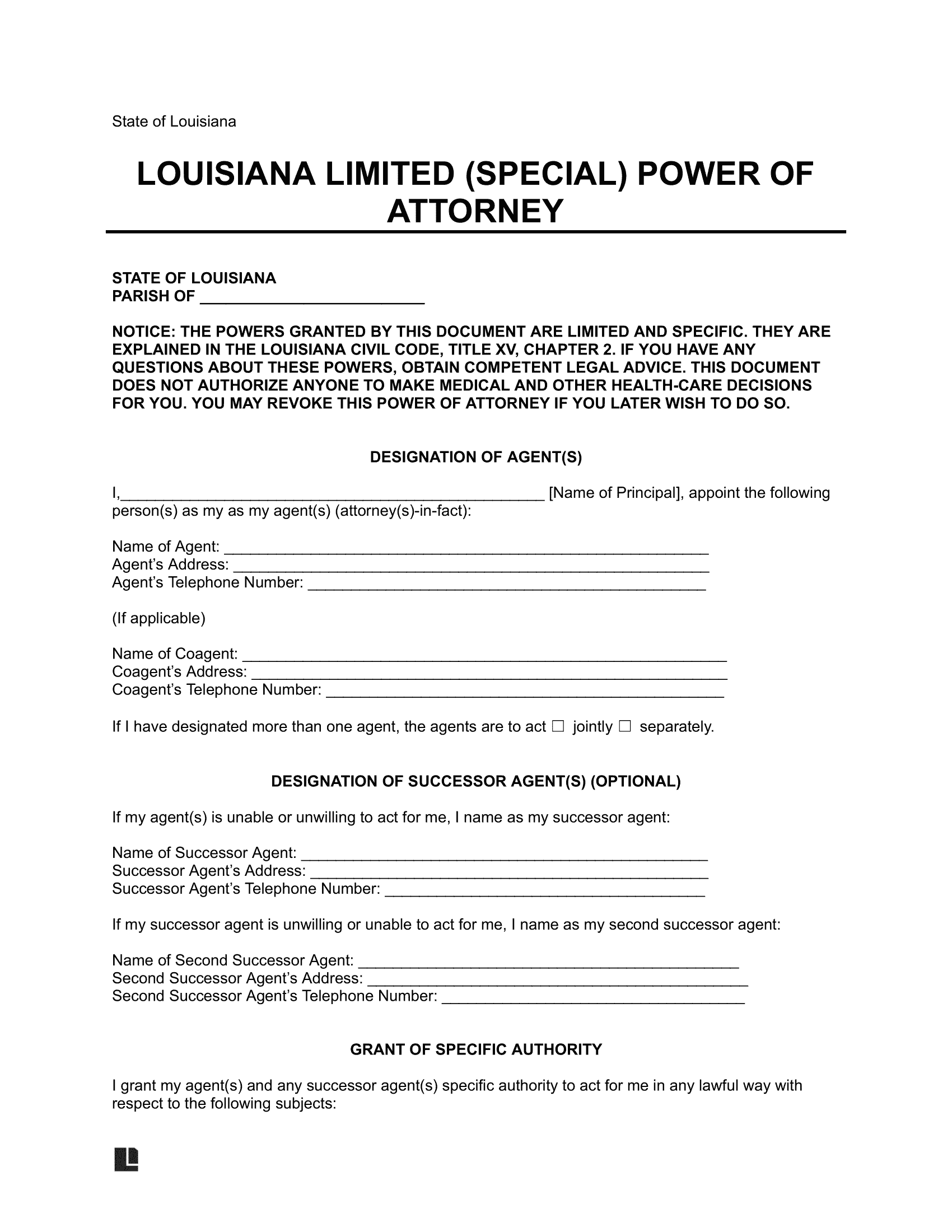 Louisiana Limited Power of Attorney Template