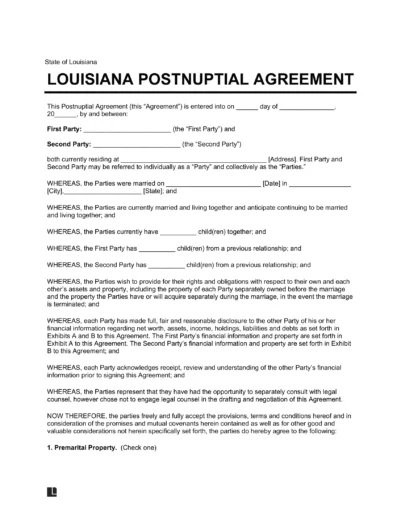 Louisiana Postnuptial Agreement Template