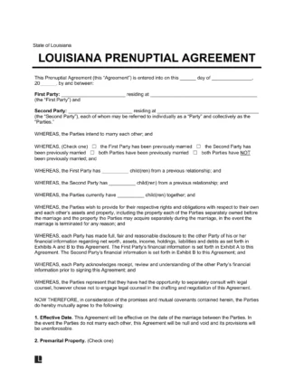 Louisiana Prenuptial Agreement Template