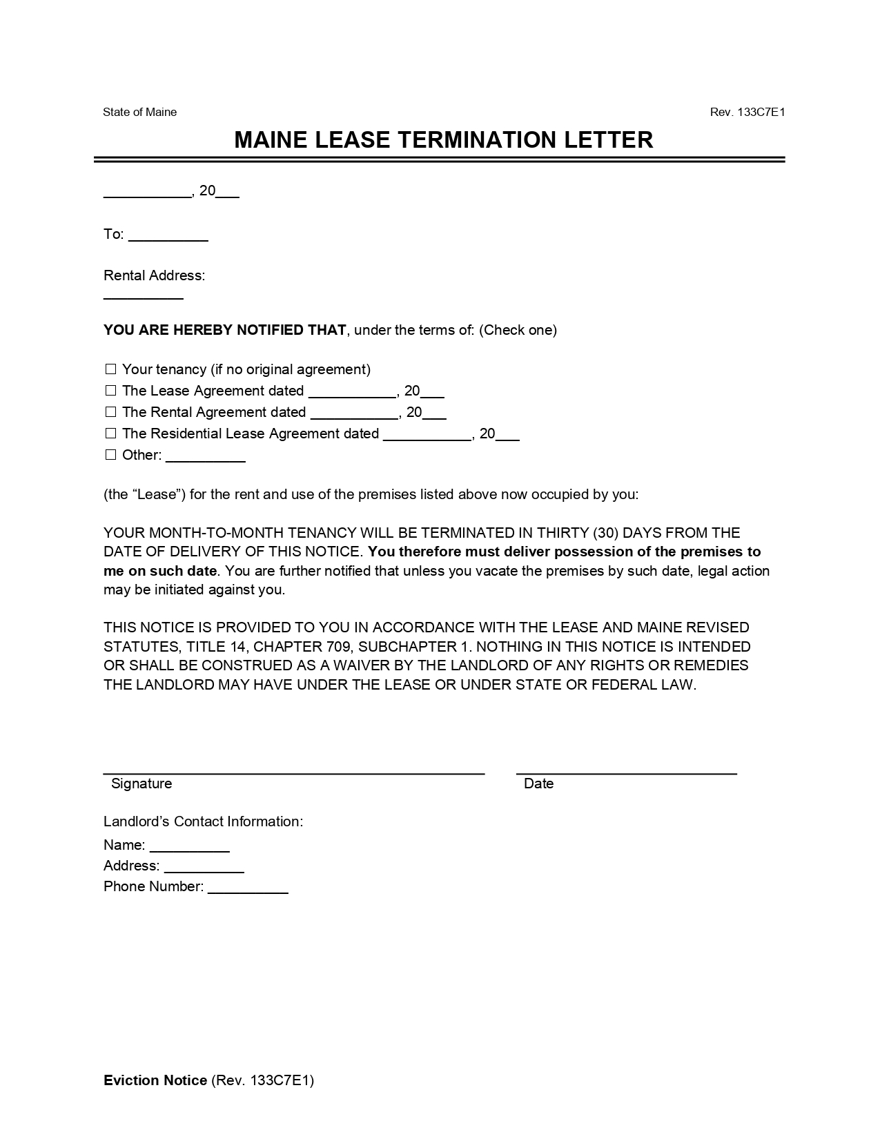 Maine 30-Day Notice to Quit Lease Termination