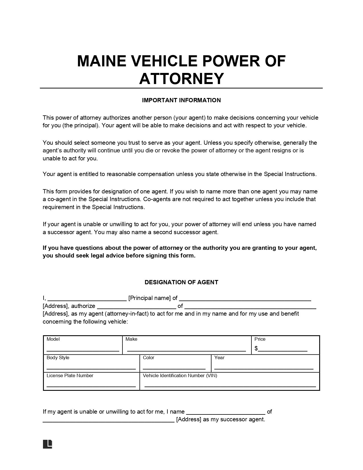Maine Motor Vehicle Power of Attorney Form