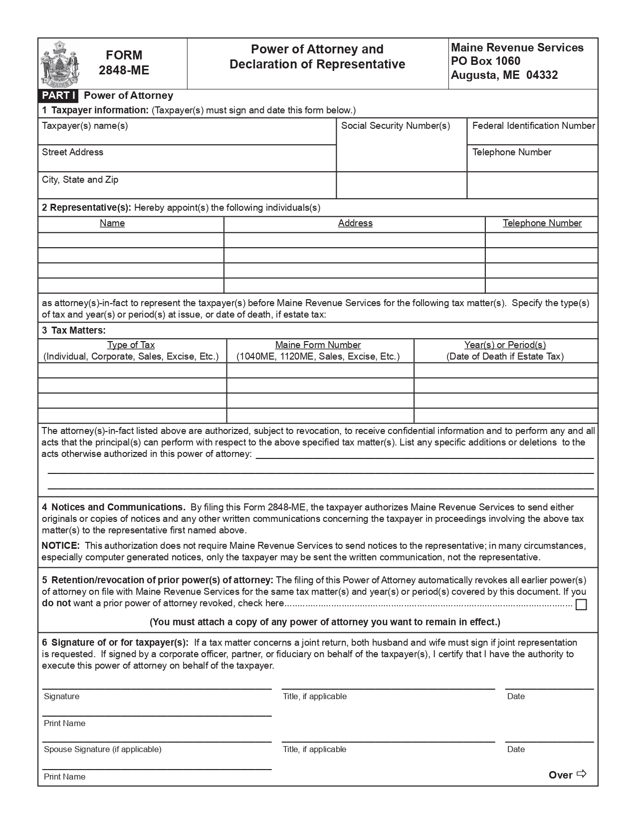 Maine Tax Power of Attorney Form ME-2848