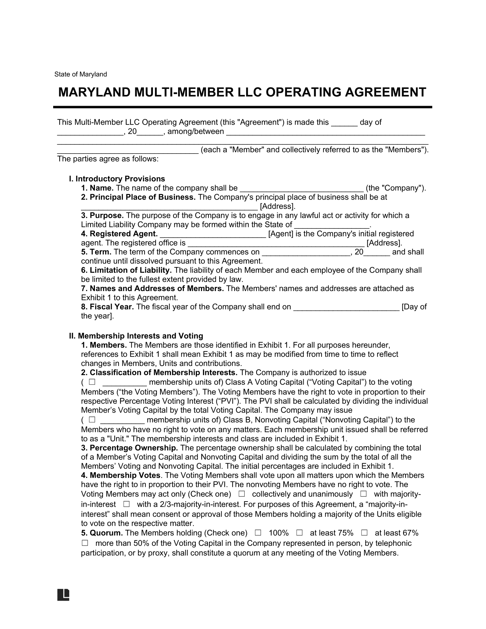 Maryland Multi-Member LLC Operating Agreement Template