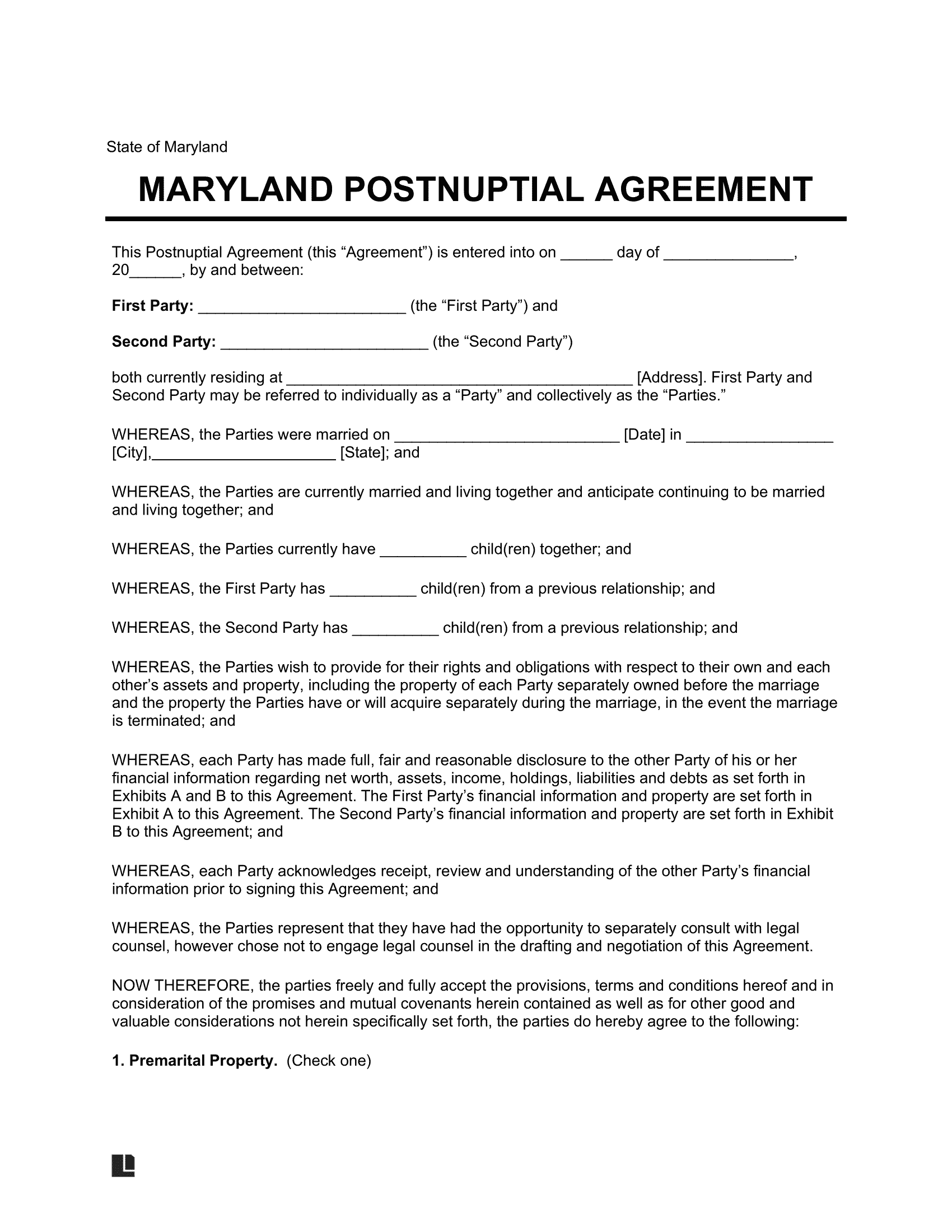 Maryland Postnuptial Agreement Template