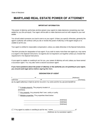 Maryland Real Estate Power of Attorney Form