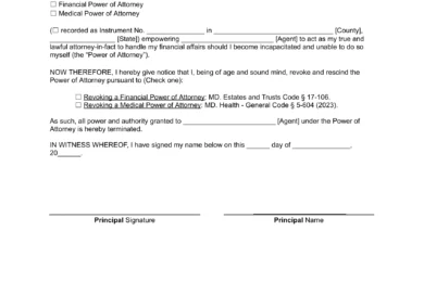 Maryland Revocation of Power of Attorney Form