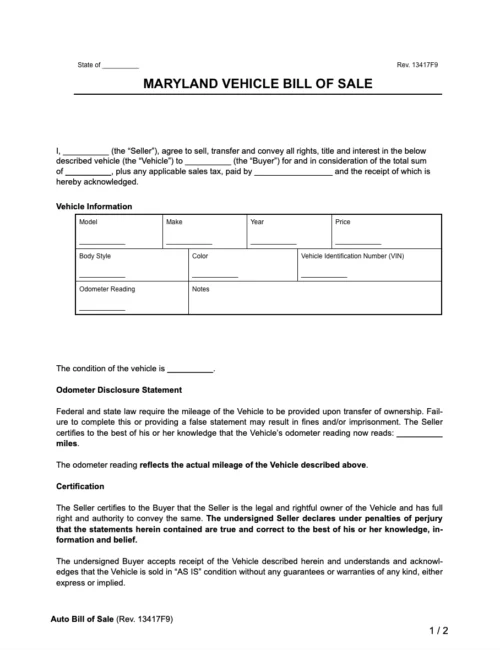 Maryland vehicle bill of sale