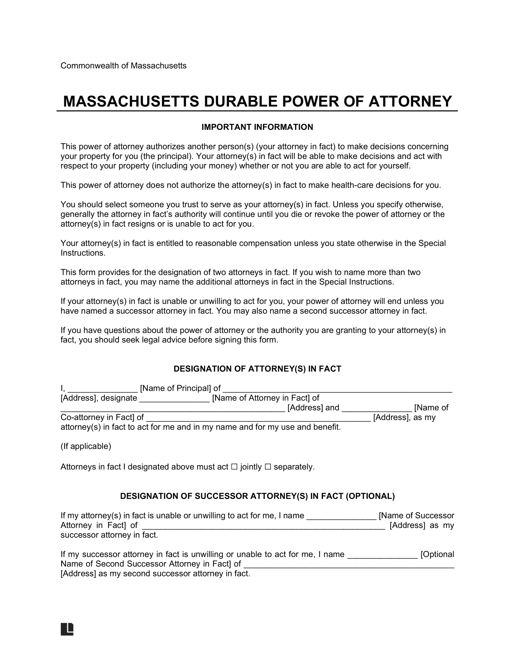 Massachusetts Durable Power of Attorney Form