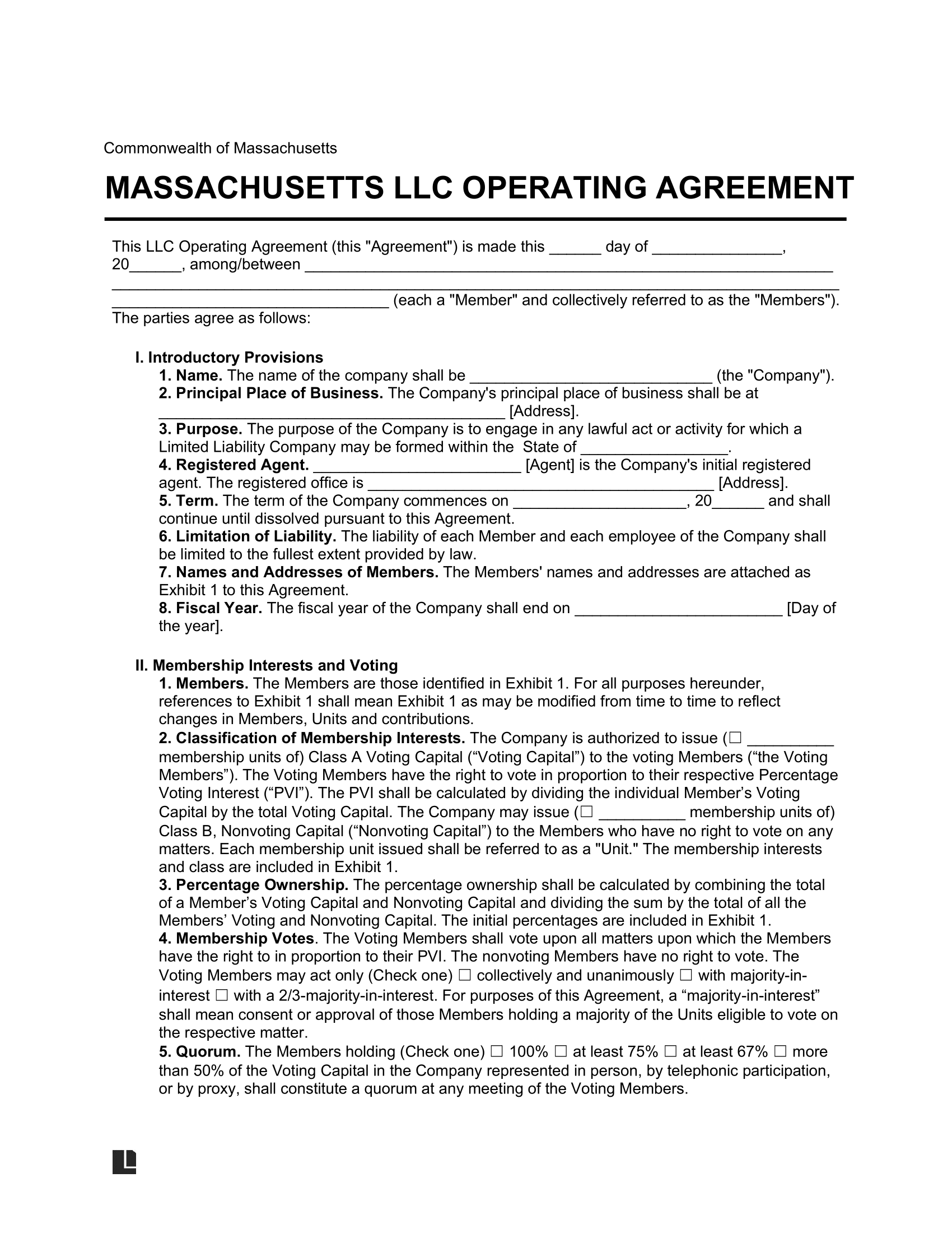 Massachusetts LLC Operating Agreement Template