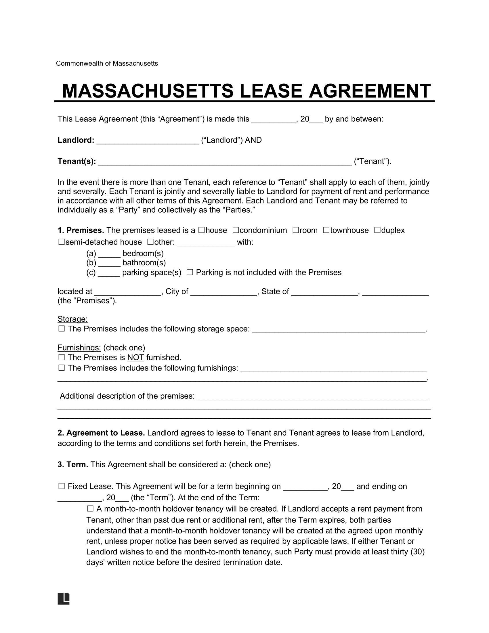 Massachusetts Lease Agreement Template