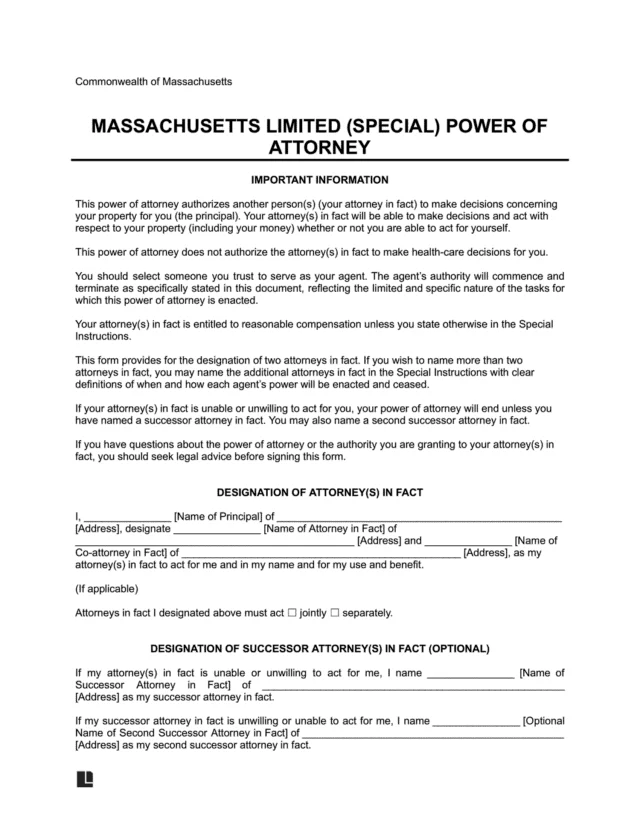 Massachusetts Limited Power of Attorney Template